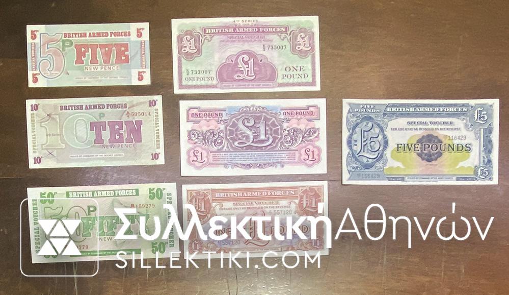 ΑΓΓΛΙΑ 7 Χαρτονομίσματα (Special Voucher) Αγγλικών στρατευμάτων WII από 5 Πέννες έως και το 5 Λίρες UNC